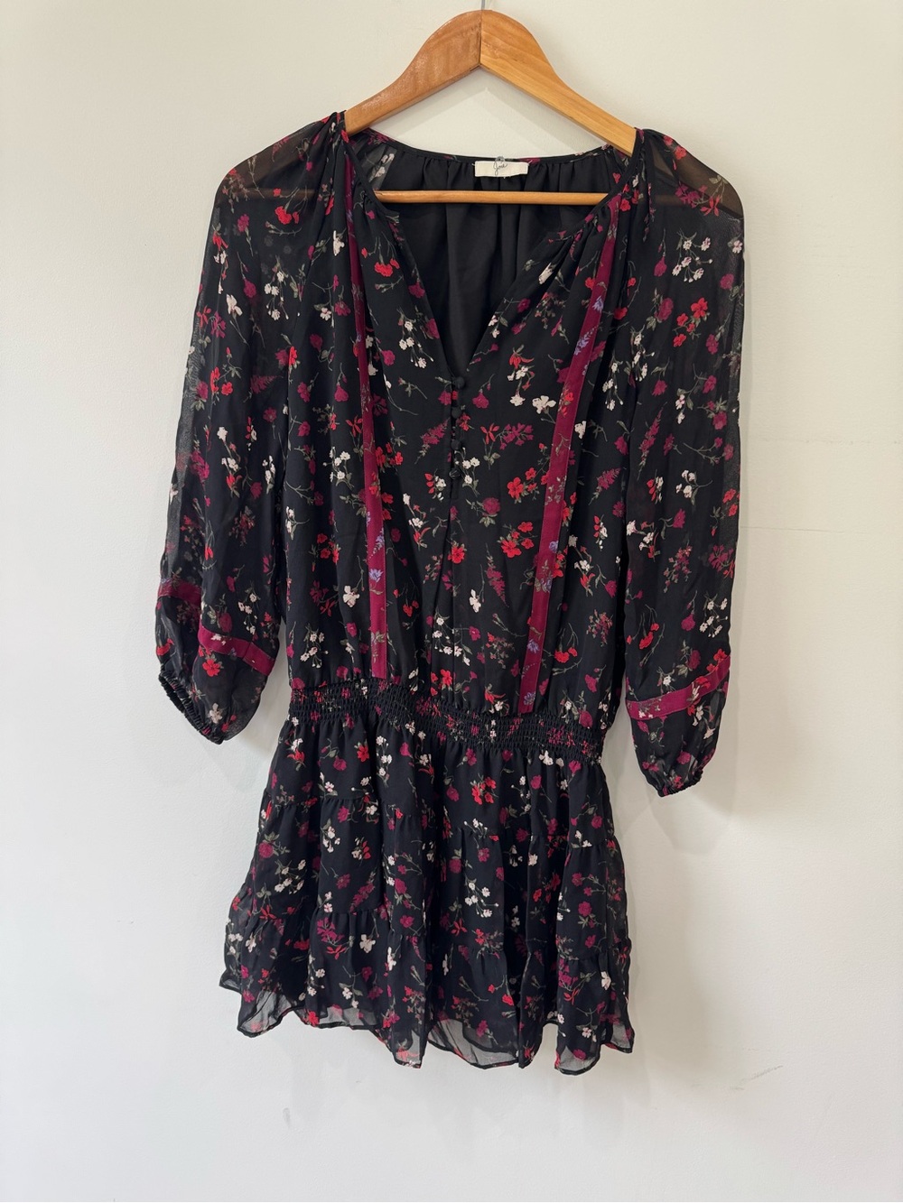 Joie Black Mini Dress with Red and White Floral Print